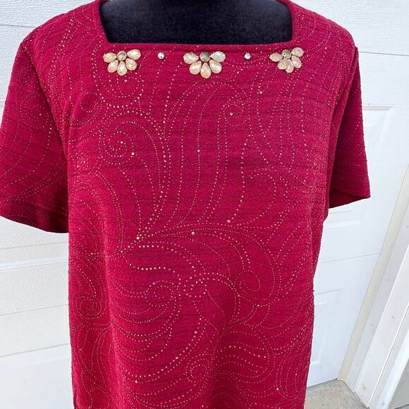 ALFRED DUNNER square beaded neckline, short sleeve women’s top, size L - Picture 1 of 8